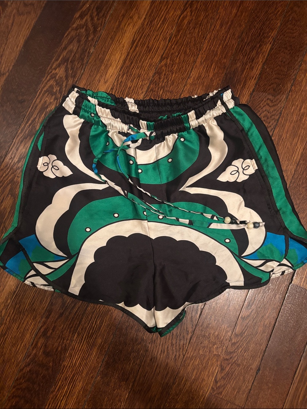 Zara Green, Black & White Printed Athletic Satin Shorts